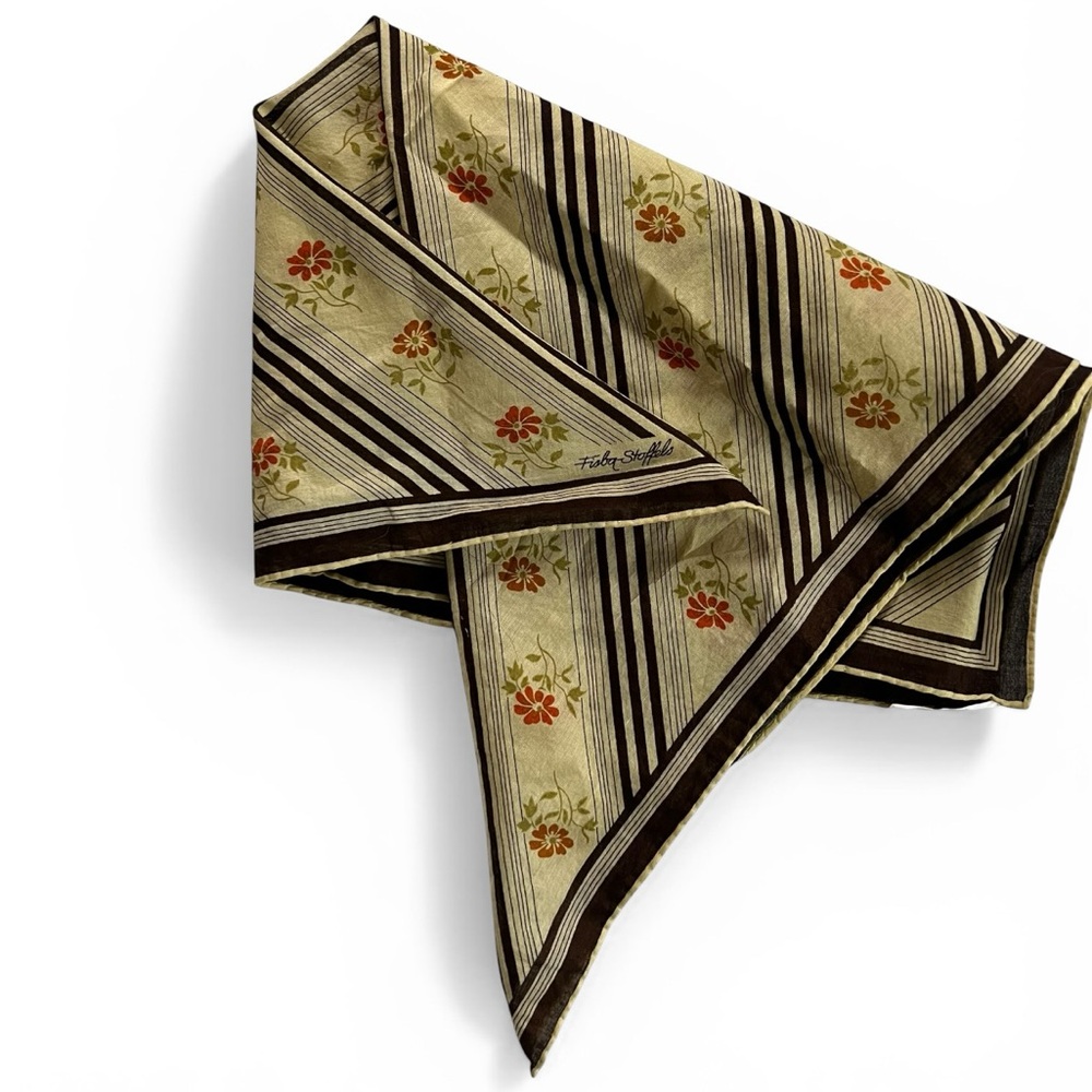 Fisba Stoffels Cotton Vintage Floral Stripe Scarf in Beige and Brown 19”